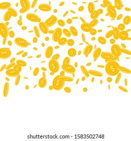 American dollar coins falling. Scattered disorderly USD coins on white background. Fine top gradient square vector illustration. Jackpot or success concept.
