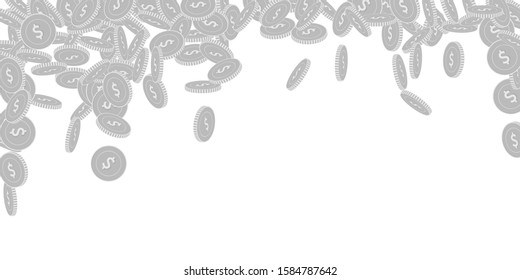 American dollar coins falling. Scattered black and white USD bi coins. Jackpot or success concept. Resplendent falling rain vector illustration.