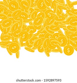 American dollar coins falling. Scattered big USD coins on white background. Favorable top gradient square vector illustration. Jackpot or success concept.