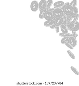 American dollar coins falling. Scattered black and white USD big coins. Jackpot or success concept. Great top right corner vector illustration.