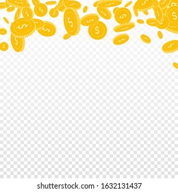 American dollar coins falling. Scattered floating USD coins on transparent background. Cool abstract top border vector illustration. Jackpot or success concept.