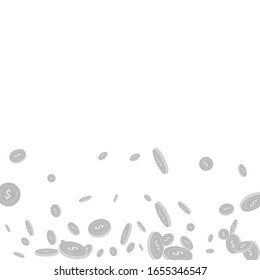 American dollar coins falling. Scattered black and white USD disorderly coins. Jackpot or success concept. Wondrous scatter bottom gradient vector illustration.