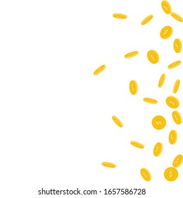 American dollar coins falling. Scattered sparse USD coins on white background. Powerful scatter right gradient vector illustration. Jackpot or success concept.