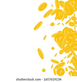 American dollar coins falling. Scattered floating USD coins on white background. Pleasing scatter right gradient vector illustration. Jackpot or success concept.