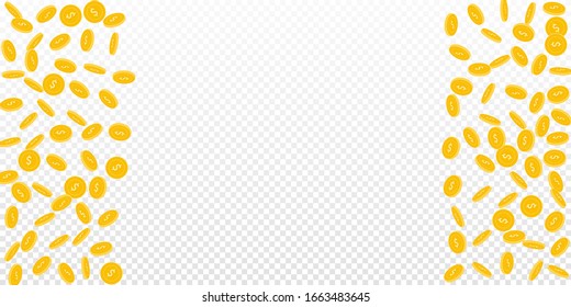American dollar coins falling. Scattered sparse USD coins on transparent background. Extraordinary right left border vector illustration. Jackpot or success concept.
