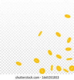 American dollar coins falling. Scattered sparse USD coins on transparent background. Worthy scattered bottom right corner vector illustration. Jackpot or success concept.