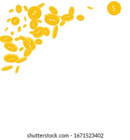 Amerikanische Dollar-Münzen fallen. Geschachtelte ungeordnete USD-Münzen auf weißem Hintergrund. Vorstellungsvolle Vektorillustration oben links in der Ecke. Jackpot oder Erfolgskonzept.