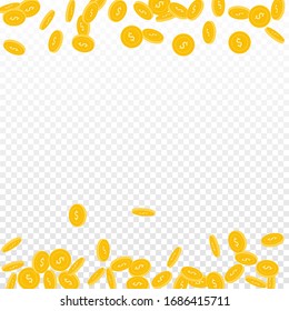 American dollar coins falling. Scattered small USD coins on transparent background. Fabulous borders vector illustration. Jackpot or success concept.