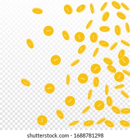 American dollar coins falling. Scattered sparse USD coins on transparent background. Comely right gradient vector illustration. Jackpot or success concept.