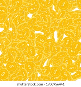 American dollar coins falling. Scattered big USD coins on white background. Adorable scattered pattern vector illustration. Jackpot or success concept.