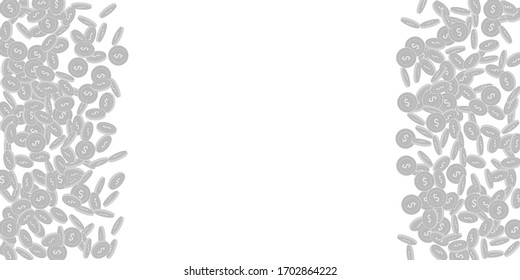 American dollar coins falling. Scattered black and white USD small coins. Jackpot or success concept. Surprising right left border vector illustration.