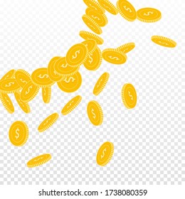 American dollar coins falling. Scattered big USD coins on transparent background. Vibrant radiant left top corner vector illustration. Jackpot or success concept.