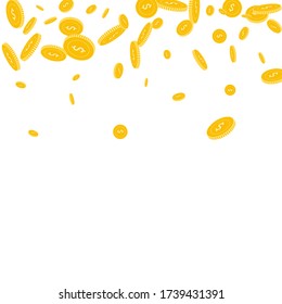 American dollar coins falling. Scattered disorderly USD coins on white background. Radiant scatter top gradient vector illustration. Jackpot or success concept.