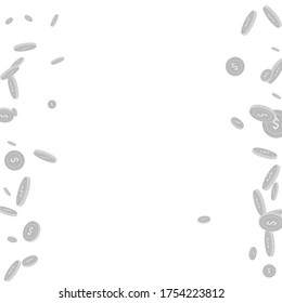 American dollar coins falling. Scattered black and white USD disorderly coins. Jackpot or success concept. Nice messy border vector illustration.