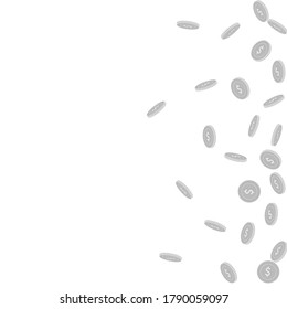American dollar coins falling. Scattered black and white USD sparse coins. Jackpot or success concept. Authentic scatter right gradient vector illustration.