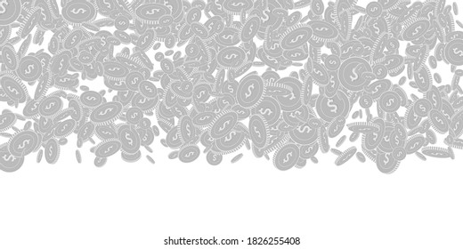 American dollar coins falling. Scattered black and white USD floating coins. Jackpot or success concept. Captivating wide top gradient vector illustration.