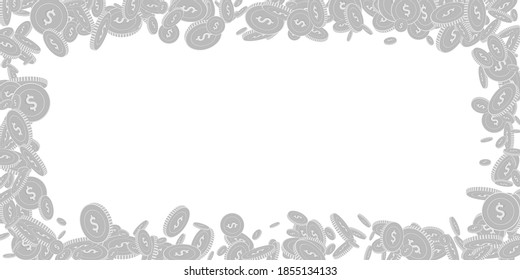 American dollar coins falling. Scattered black and white USD floating coins. Jackpot or success concept. Bewitching wide scattered frame vector illustration.