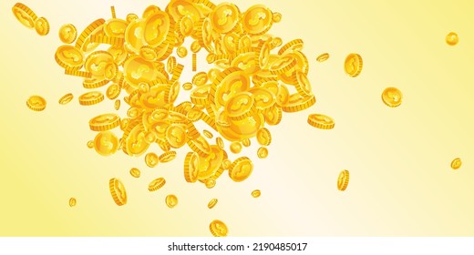 American Dollar Coins Falling. Scattered Gold USD Coins. USA Money. Jackpot Wealth Or Success Concept. Wide Vector Illustration.