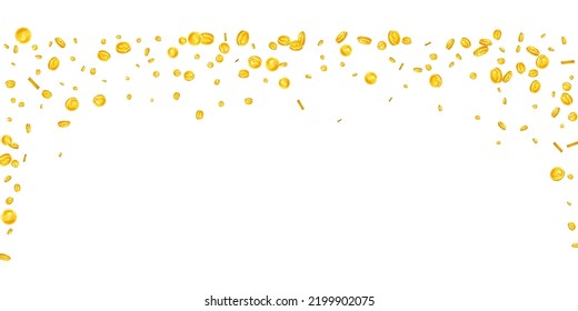 American dollar coins falling. Scattered gold USD coins. USA money. Global financial crisis concept. Wide vector illustration.