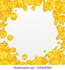 American dollar coins falling. Scattered gold USD coins. USA money. Global financial crisis concept. Square vector illustration.