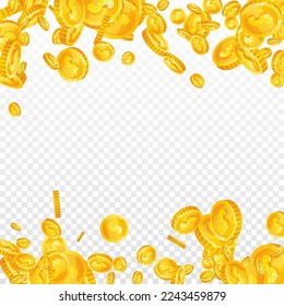 American dollar coins falling. Scattered gold USD coins. USA money. Jackpot wealth or success concept. Square vector illustration.