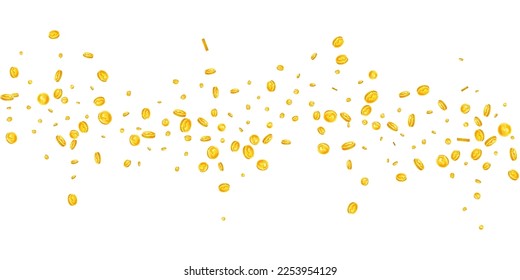 American dollar coins falling. Scattered gold USD coins. USA money. Jackpot wealth or success concept. Wide vector illustration.