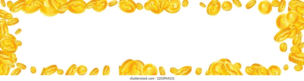 American dollar coins falling. Scattered gold USD coins. USA money. Jackpot wealth or success concept. Panoramic vector illustration.