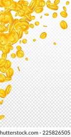 American dollar coins falling. Scattered gold USD coins. USA money. Global financial crisis concept. Vector illustration.
