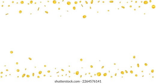 American dollar coins falling. Scattered gold USD coins. USA money. Jackpot wealth or success concept. Wide vector illustration.