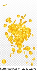 American dollar coins falling. Scattered gold USD coins. USA money. Global financial crisis concept. Vector illustration.