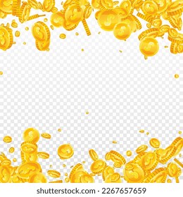American dollar coins falling. Scattered gold USD coins. USA money. Great business success concept. Square vector illustration.