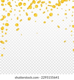 American dollar coins falling. Scattered gold USD coins. USA money. Jackpot wealth or success concept. Square vector illustration.