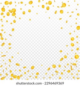 American dollar coins falling. Scattered gold USD coins. USA money. Jackpot wealth or success concept. Square vector illustration.