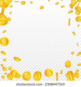 American dollar coins falling. Scattered gold USD coins. USA money. Great business success concept. Square vector illustration.
