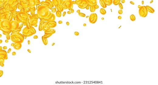 American dollar coins falling. Scattered gold USD coins. USA money. Jackpot wealth or success concept. Wide vector illustration.