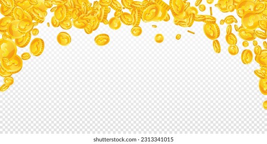 American dollar coins falling. Scattered gold USD coins. USA money. Jackpot wealth or success concept. Wide vector illustration.