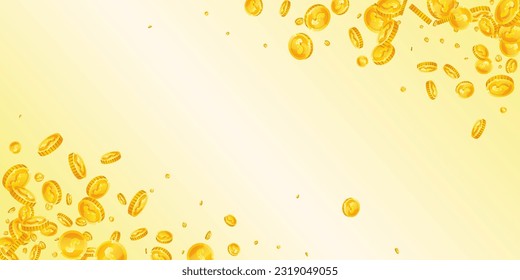 American dollar coins falling. Scattered gold USD coins. USA money. Global financial crisis concept. Wide vector illustration.