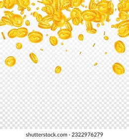 American dollar coins falling. Scattered gold USD coins. USA money. Jackpot wealth or success concept. Square vector illustration.