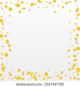 American dollar coins falling. Scattered gold USD coins. USA money. Global financial crisis concept. Square vector illustration.