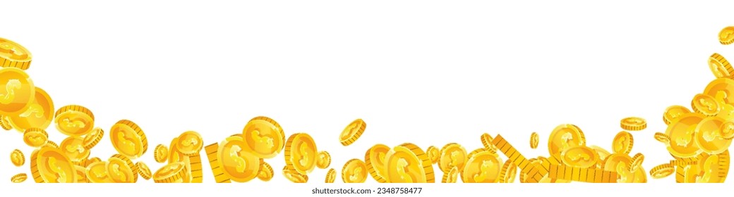 American dollar coins falling. Scattered gold USD coins. USA money. Global financial crisis concept. Panoramic vector illustration.