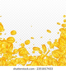American dollar coins falling. Scattered gold USD coins. USA money. Jackpot wealth or success concept. Square vector illustration.