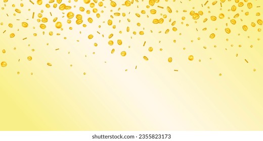 American dollar coins falling. Scattered gold USD coins. USA money. Great business success concept. Wide vector illustration.