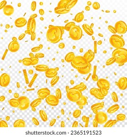 American dollar coins falling. Scattered gold USD coins. USA money. Great business success concept. Square vector illustration.