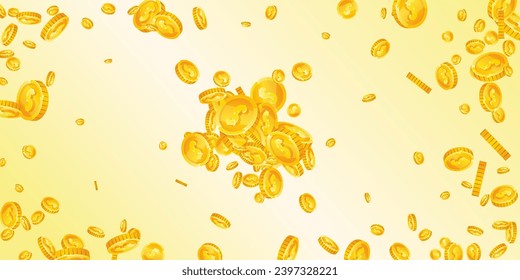 American dollar coins falling. Scattered gold USD coins. USA money. Great business success concept. Wide vector illustration.