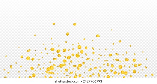 American dollar coins falling. Scattered gold USD coins. USA money. Global financial crisis concept. Wide vector illustration.