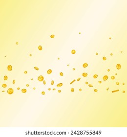 American dollar coins falling. Scattered gold USD coins. USA money. Great business success concept. Square vector illustration.