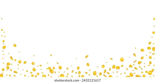 American dollar coins falling. Scattered gold USD coins. USA money. Jackpot wealth or success concept. Wide vector illustration.