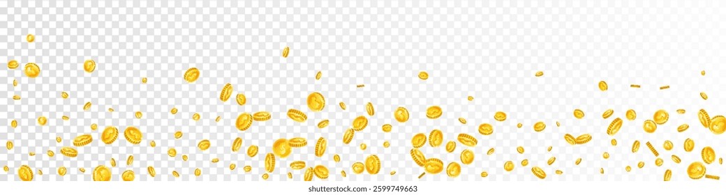American dollar coins falling. Scattered gold USD coins. USA money. Jackpot wealth or success concept. Panoramic vector illustration.