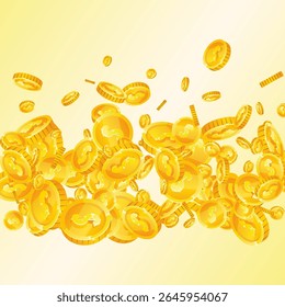 American dollar coins falling. Scattered gold USD coins. USA money. Jackpot wealth or success concept. Square vector illustration.
