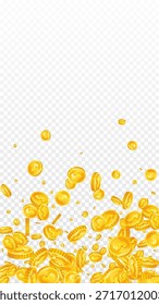 Moedas de dólar americano caindo. Moedas de ouro espalhadas em USD. Dinheiro dos EUA. Conceito de crise financeira mundial. Ilustração vetorial.